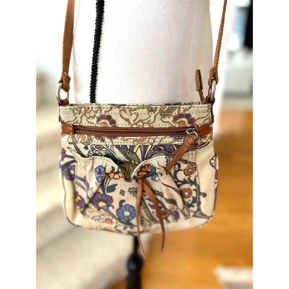 Fossil Boho Beige Tan Paisley Print Canvas & Leather Crossbody Bag - Picture 3 of 6